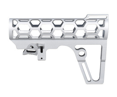 Presma Skeletonized 223/5.56/308 Stock for Mil-Spec Tube, CA Legal Fixed Stock, 6 Position, Silver Anodized Aluminum [AAST21-S]
