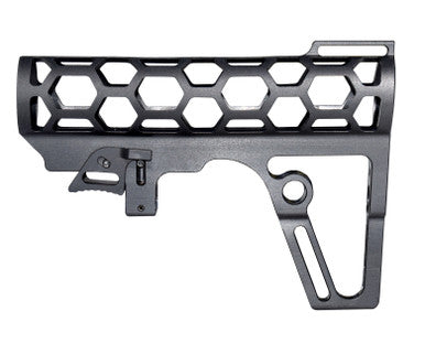 Presma Skeletonized 223/5.56/308 Stock for Mil-Spec Tubes, CA Legal Fixed Stock, 6 Position, Black Anodized Aluminum [AAST21]